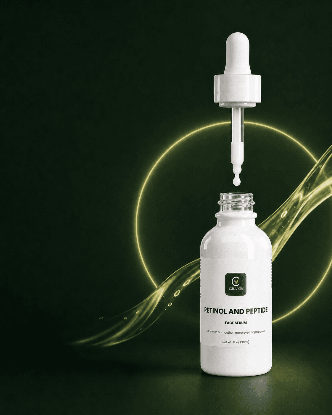 Sérum Cauvida de retinol y péptidos abierto con gotero suspendido