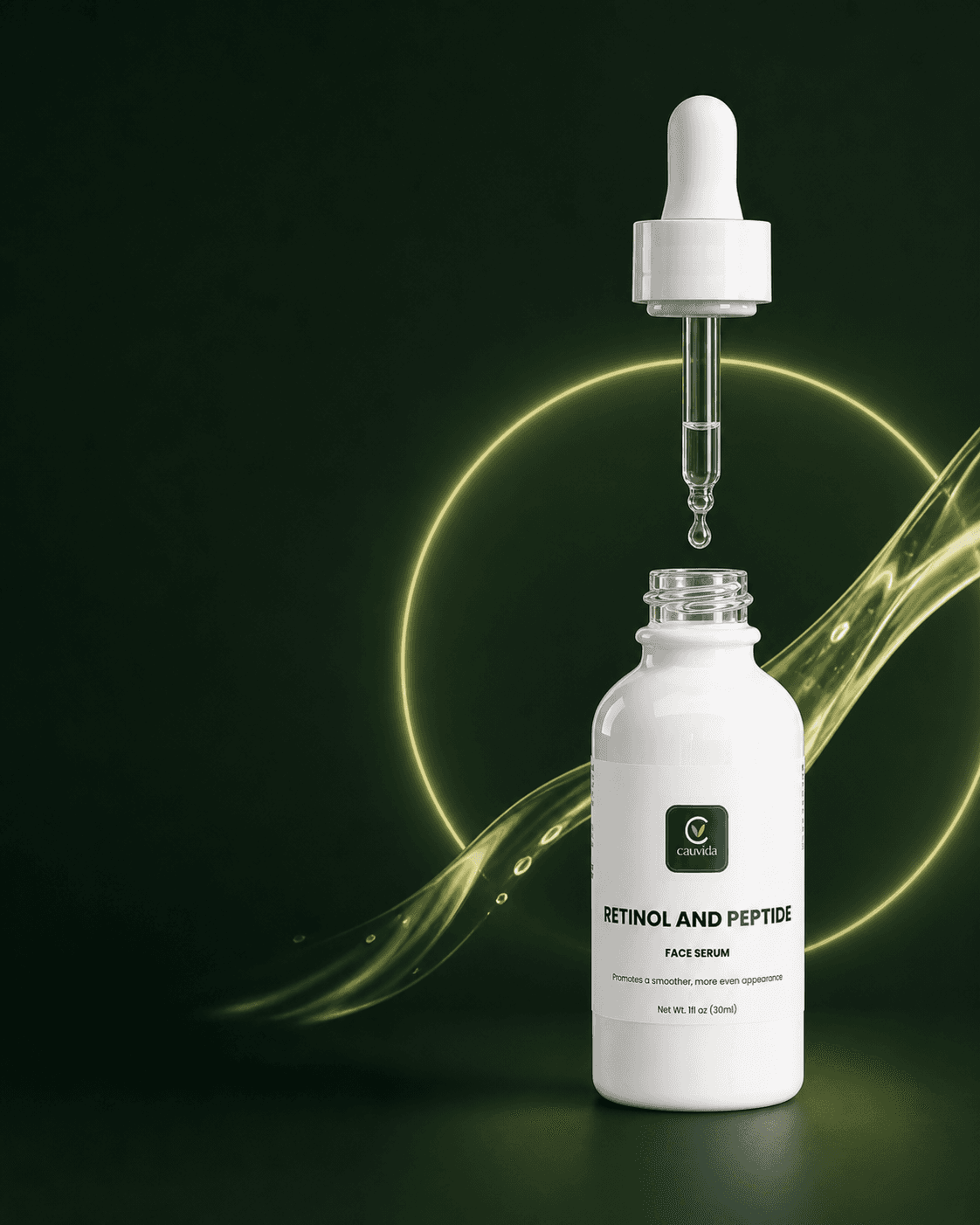 Sérum Cauvida de retinol y péptidos abierto con gotero suspendido