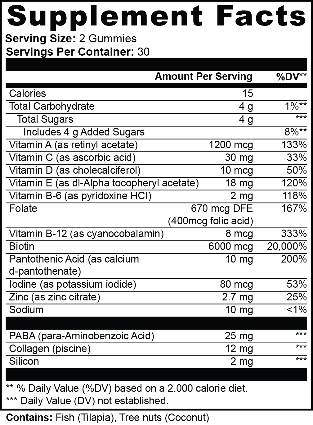 Datos del suplemento — Gomitas para cabello, piel y uñas